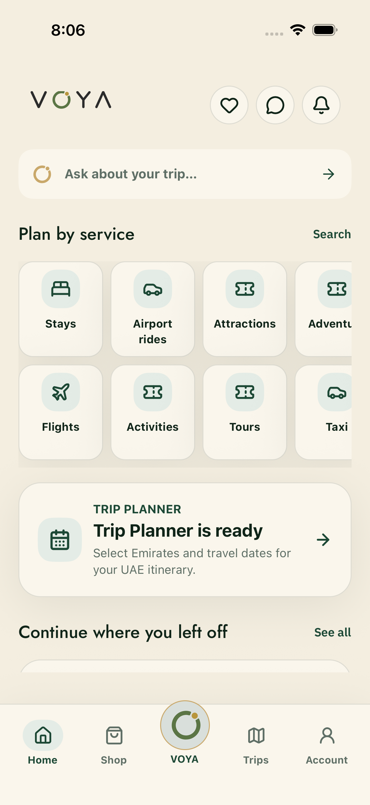 VOYA app screen: Home